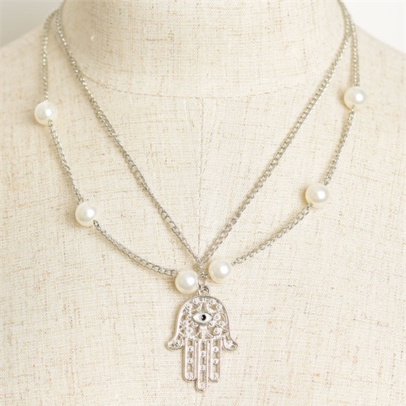 Boutique Jewelry - Hamsa Necklace in Silver with Pearls (Evil Eye)